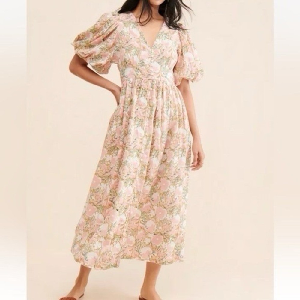 Mirth Perth Snapdragon Midi Dress L Large Pink Floral Puff Sleeve V-Neck Cotton